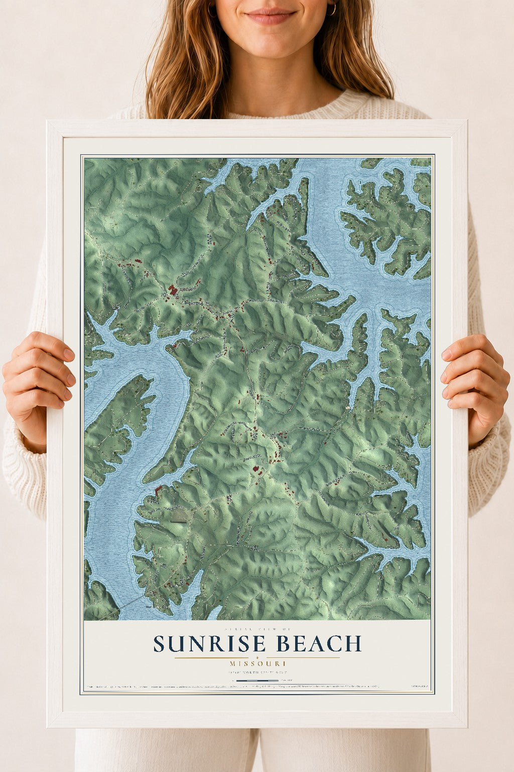 Map of Sunrise Beach, Missouri, 18 x 24 inch print in a white wood frame
