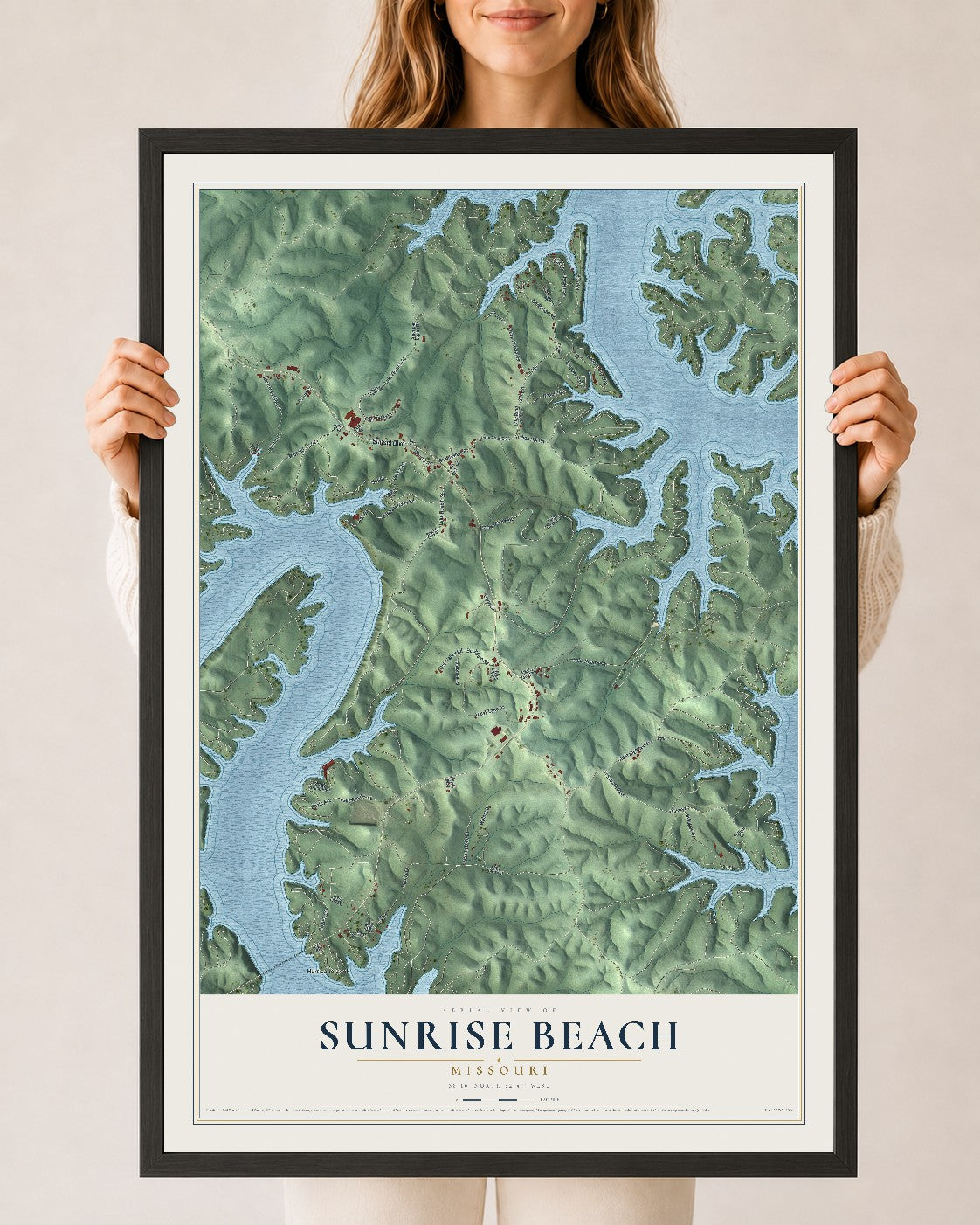 Map of Sunrise Beach, Missouri, 24 x 36 inch print in a black wood frame