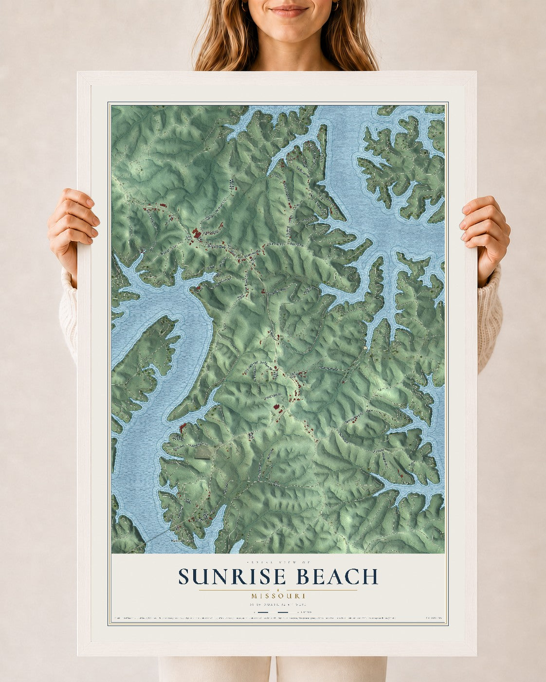 Map of Sunrise Beach, Missouri, 24 x 36 inch print in a white wood frame