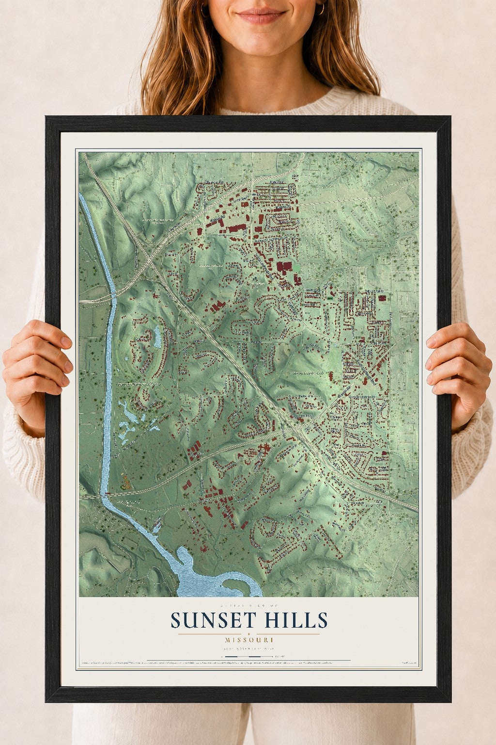 Map of Sunset Hills, Missouri, 18 x 24 inch print in a black wood frame