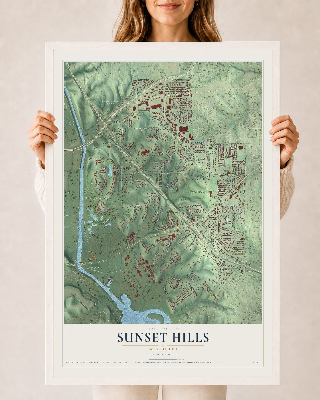 Map of Sunset Hills, Missouri, 24 x 36 inch print in a white wood frame