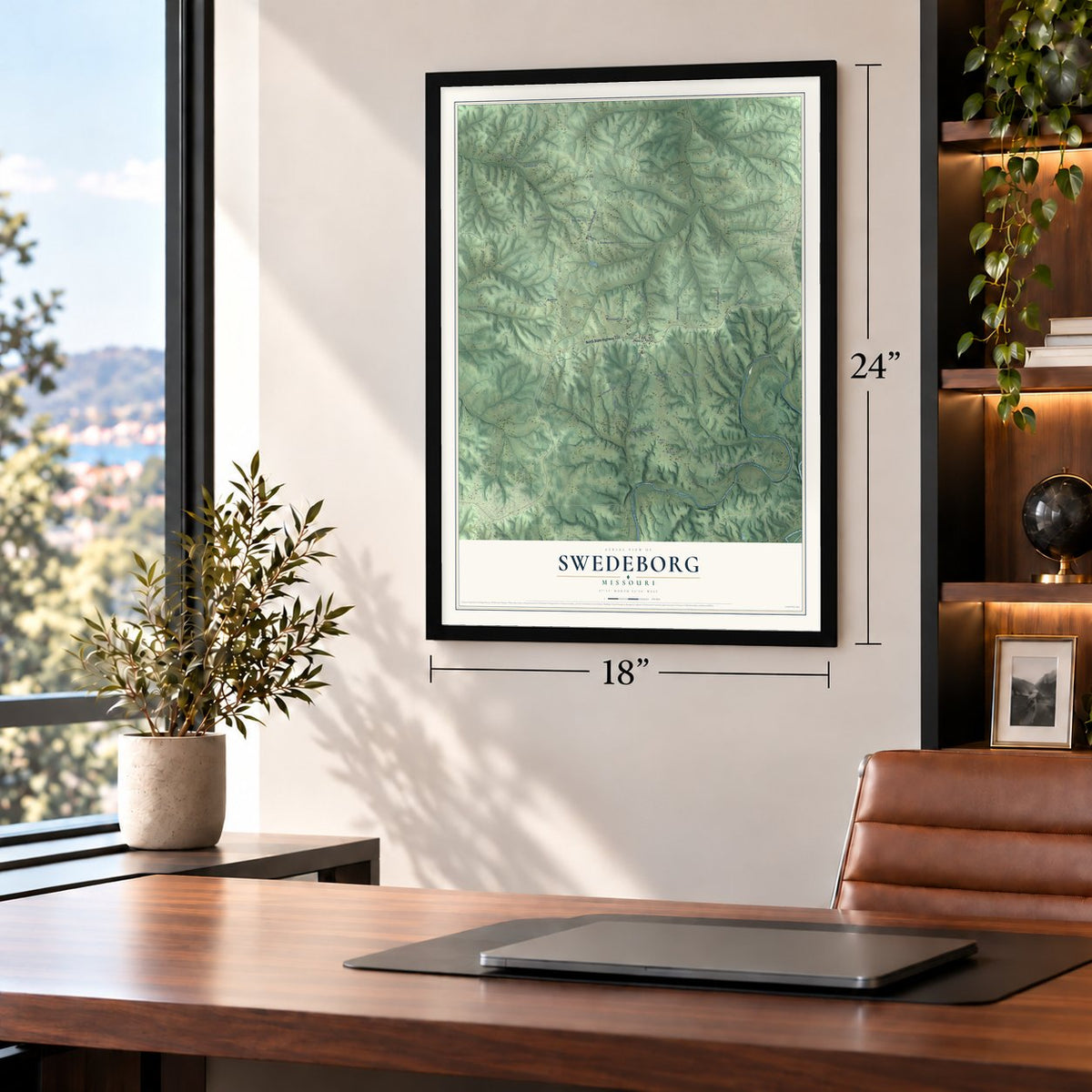 Swedeborg, Missouri map, 18 x 24 inch print in a black frame in a home office