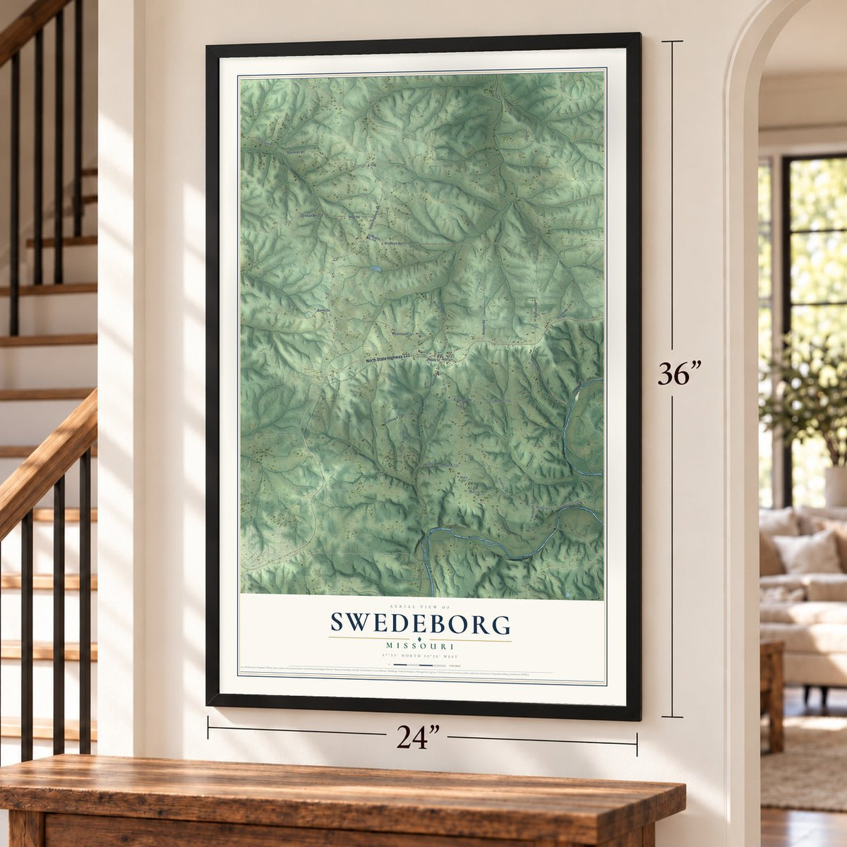 Swedeborg, Missouri map, 24 x 36 inch print in a black frame by a staircase
