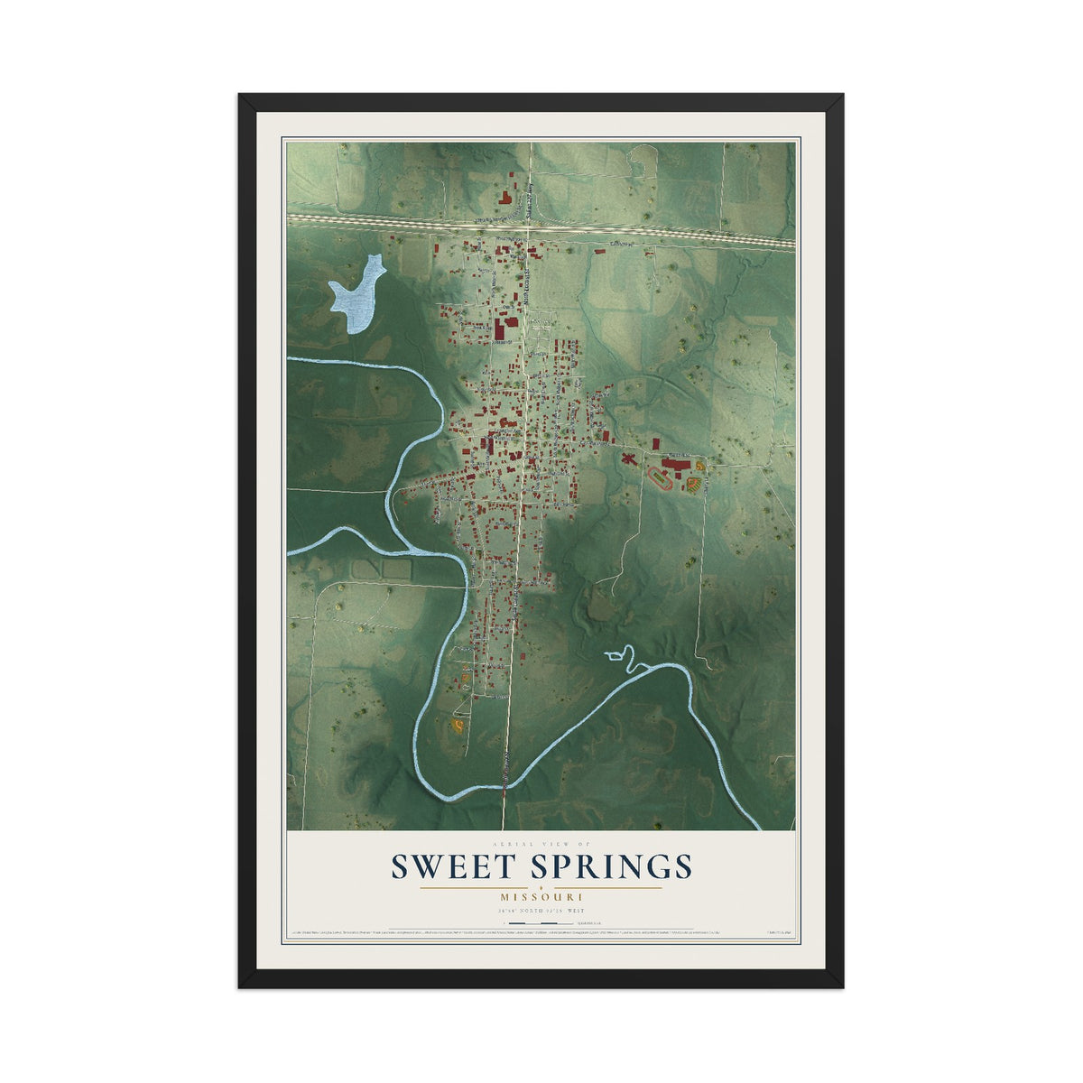 Map of Sweet Springs, Missouri, 12 x 18 inch print in a black wood frame
