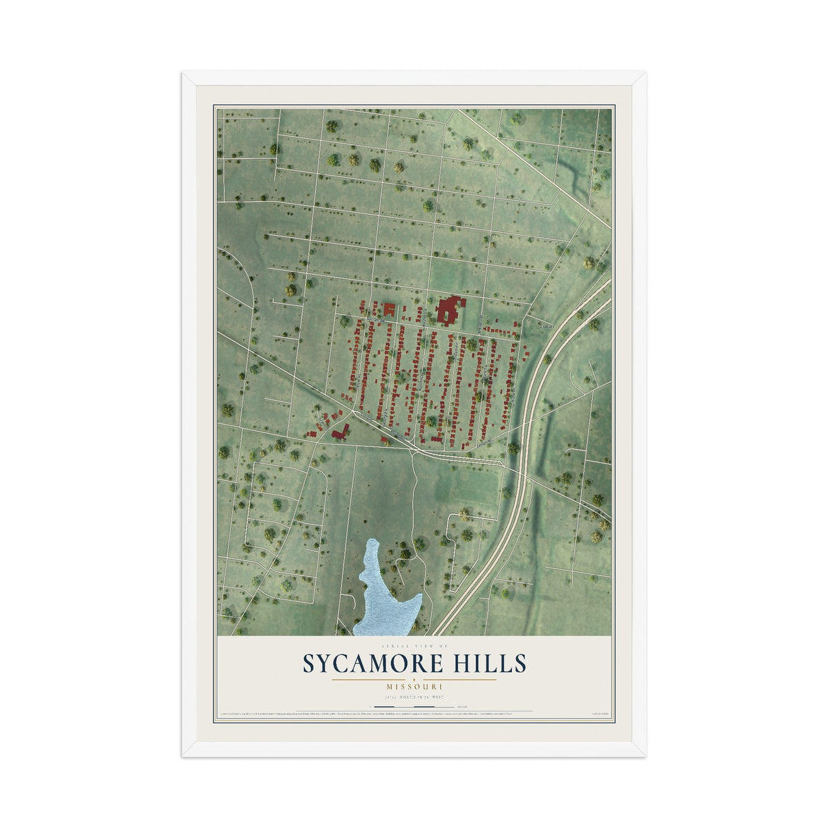 Map of Sycamore Hills, Missouri, 12 x 18 inch print in a white wood frame