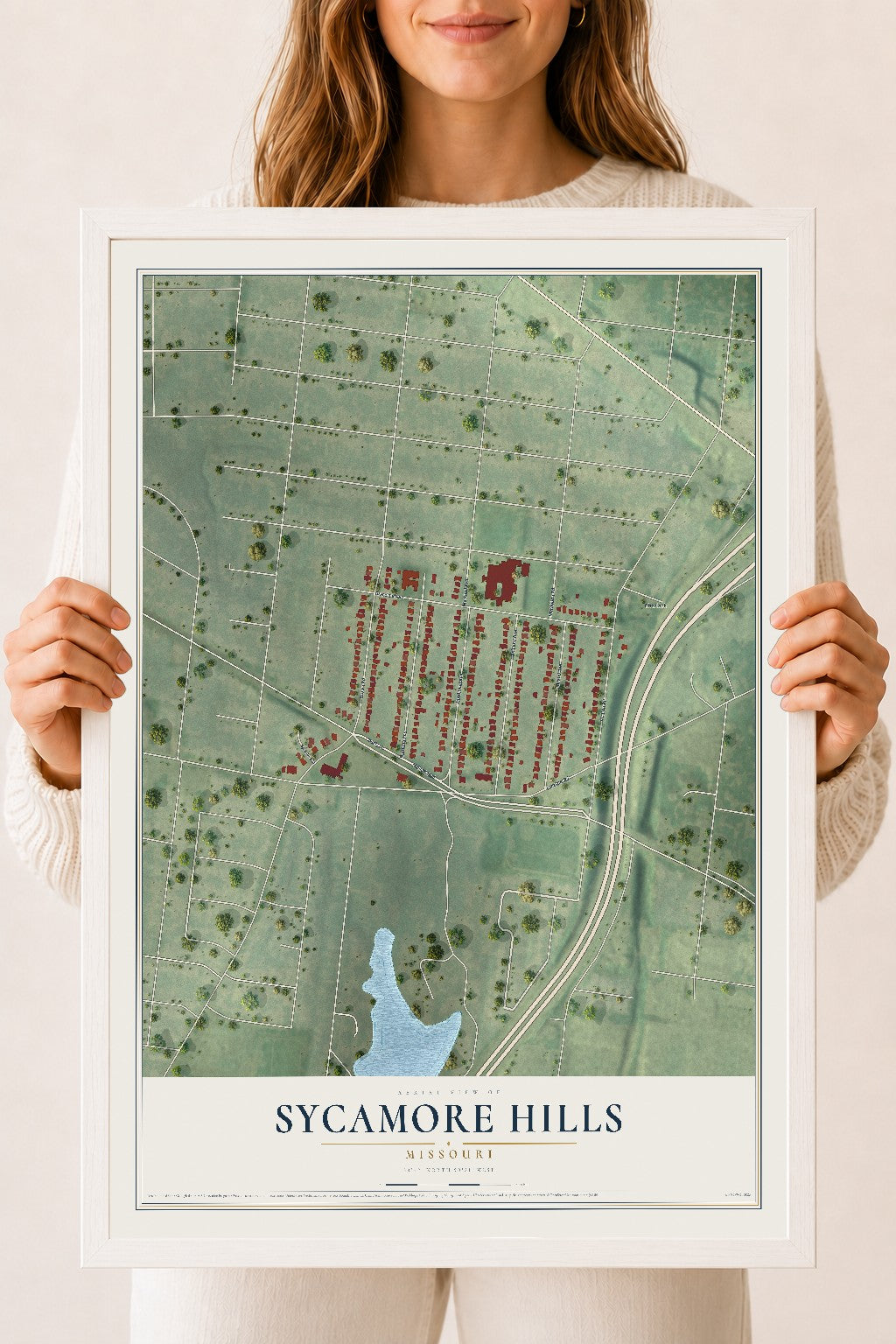 Map of Sycamore Hills, Missouri, 18 x 24 inch print in a white wood frame