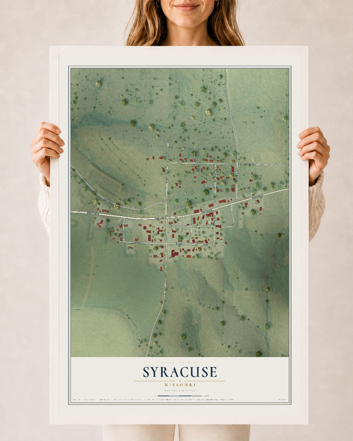 Map of Syracuse, Missouri, 24 x 36 inch print in a white wood frame