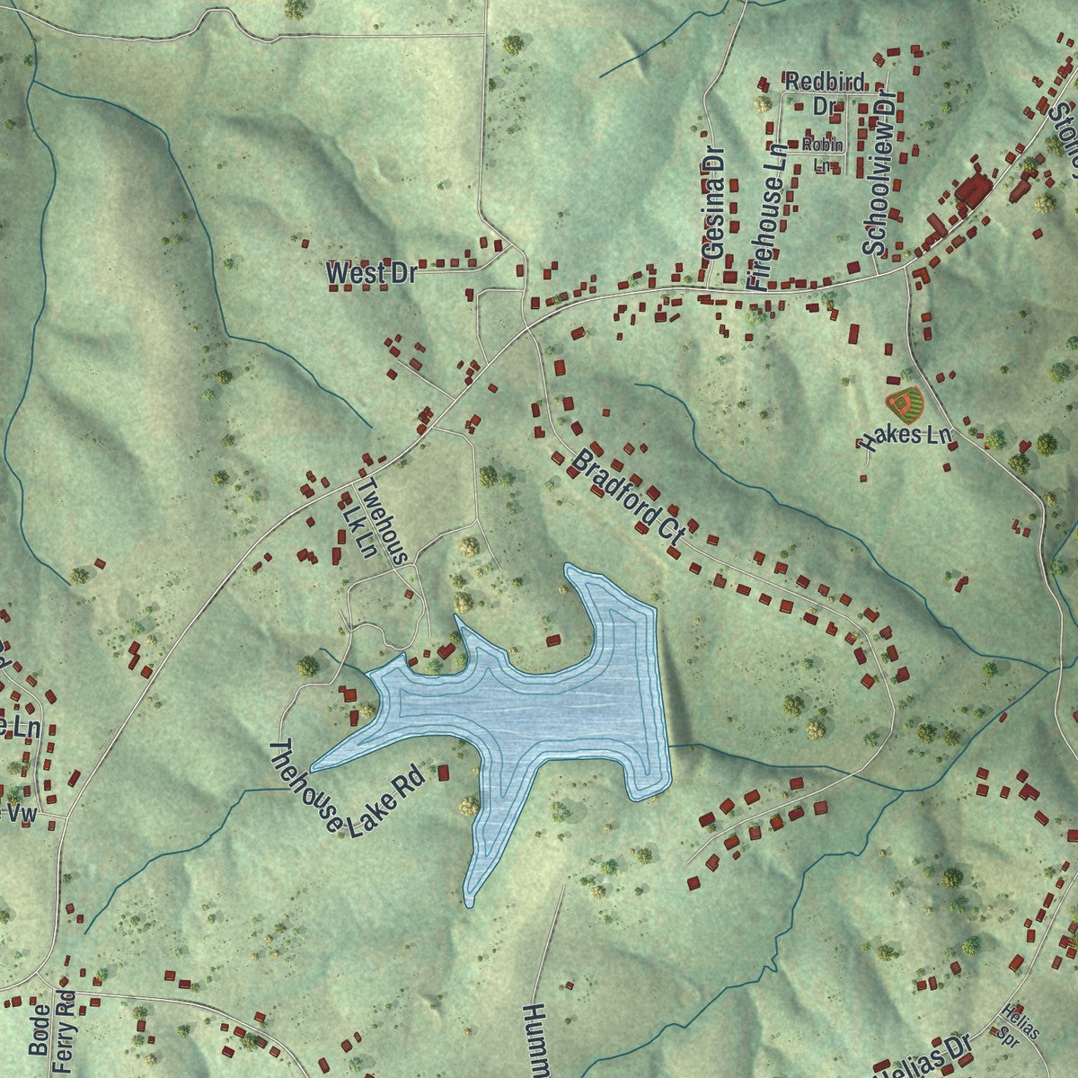 Close-up of the map of Taos, Missouri print showing street and building detail