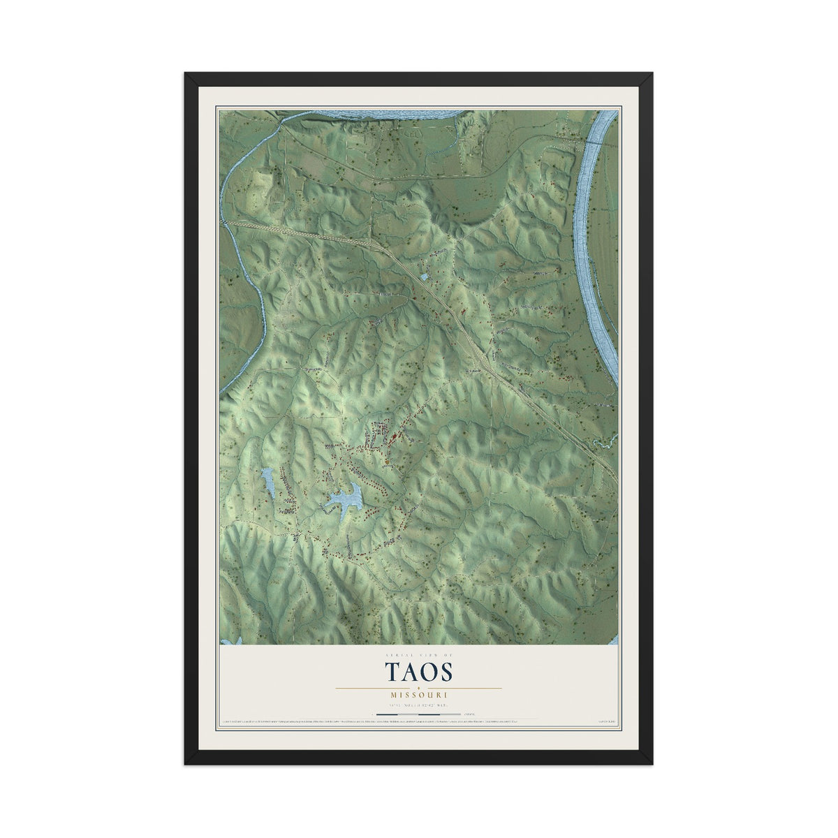 Map of Taos, Missouri, 12 x 18 inch print in a black wood frame