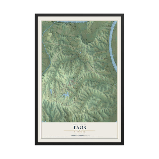 Map of Taos, Missouri, 12 x 18 inch print in a black wood frame