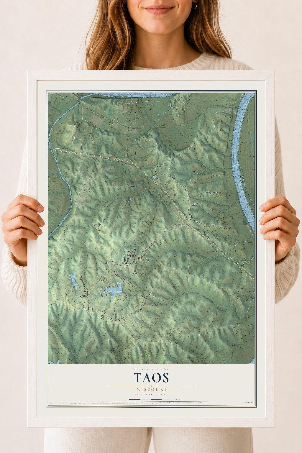 Map of Taos, Missouri, 18 x 24 inch print in a white wood frame