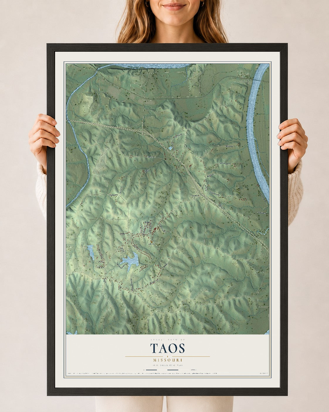 Map of Taos, Missouri, 24 x 36 inch print in a black wood frame