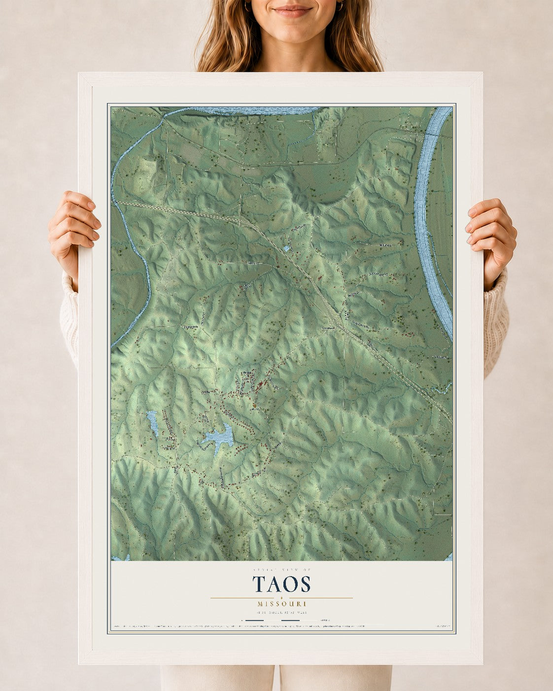 Map of Taos, Missouri, 24 x 36 inch print in a white wood frame