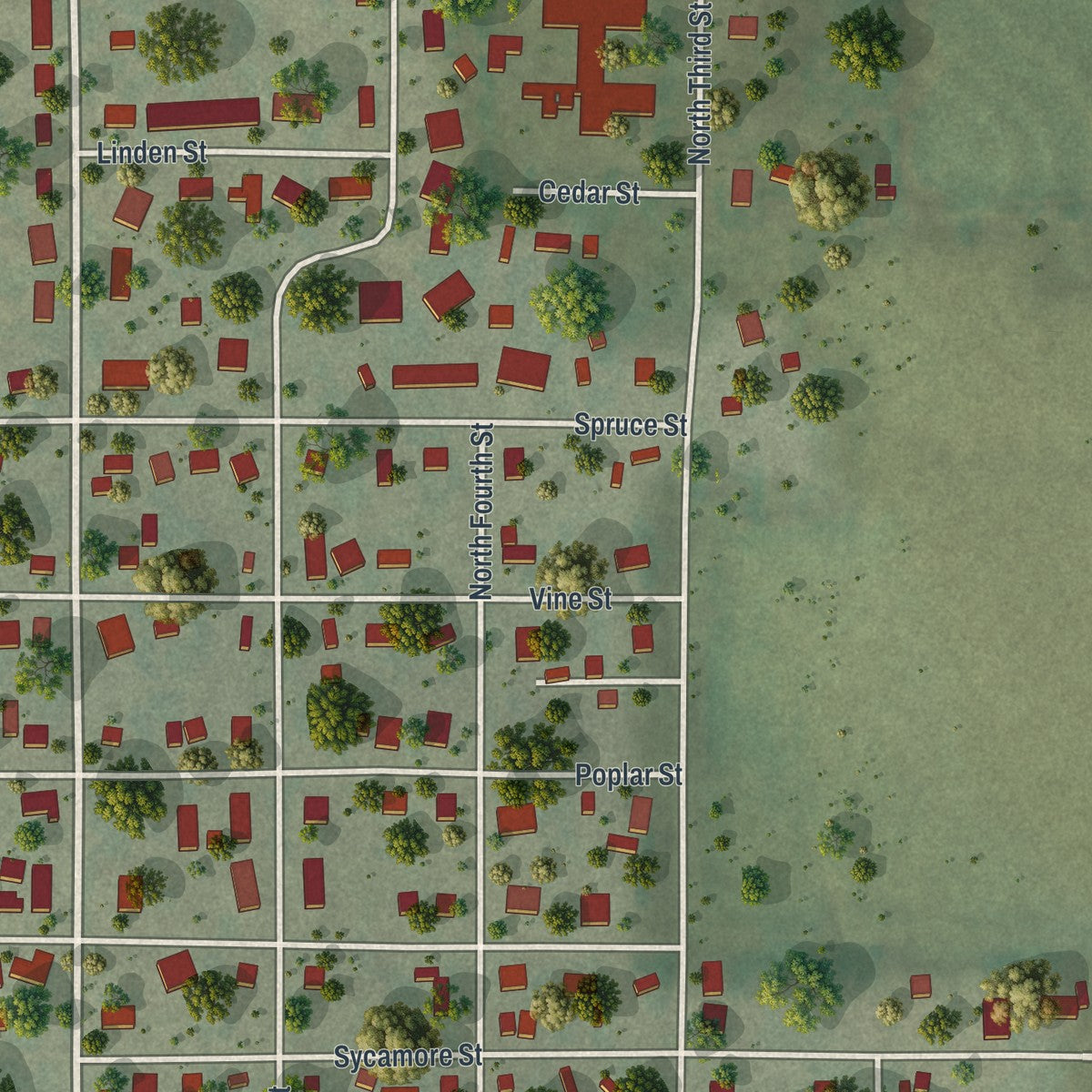 Second close-up of the map of Tarkio, Missouri print showing more streets and buildings