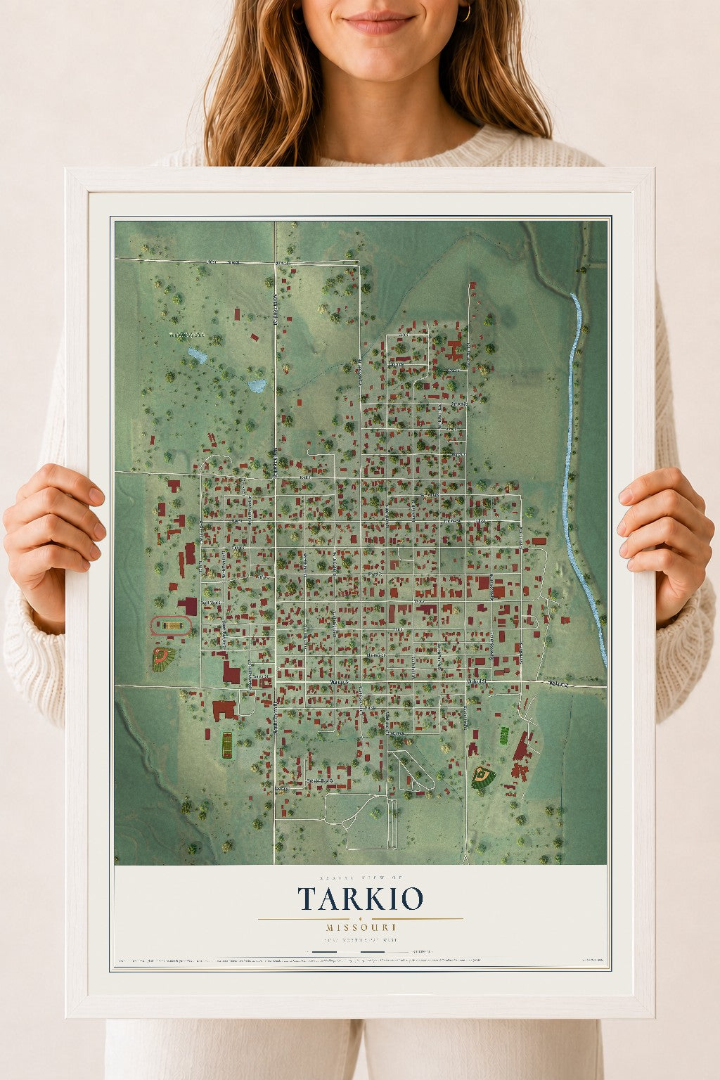 Map of Tarkio, Missouri, 18 x 24 inch print in a white wood frame