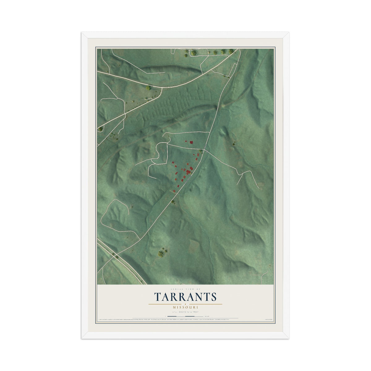 Map of Tarrants, Missouri, 12 x 18 inch print in a white wood frame