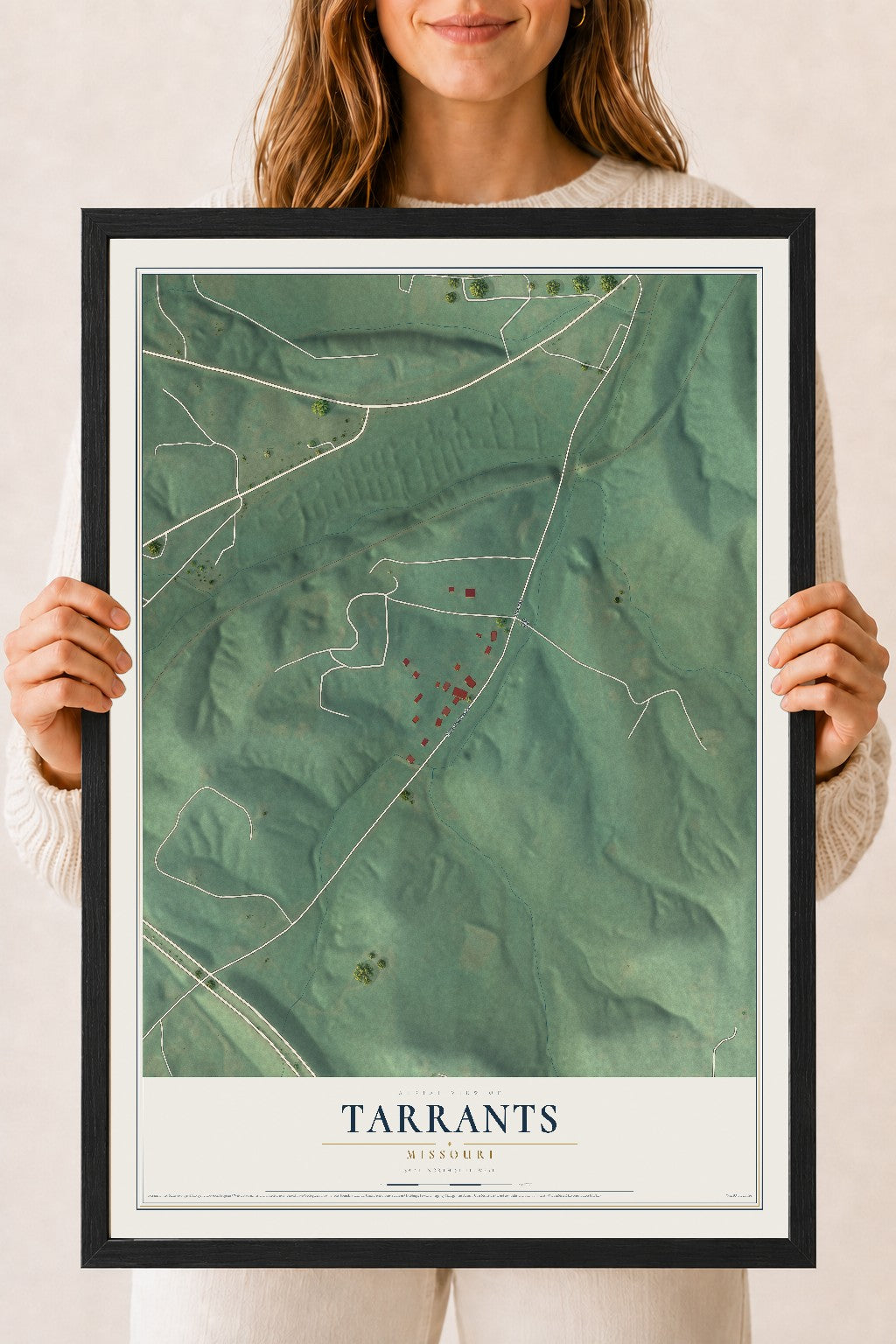 Map of Tarrants, Missouri, 18 x 24 inch print in a black wood frame