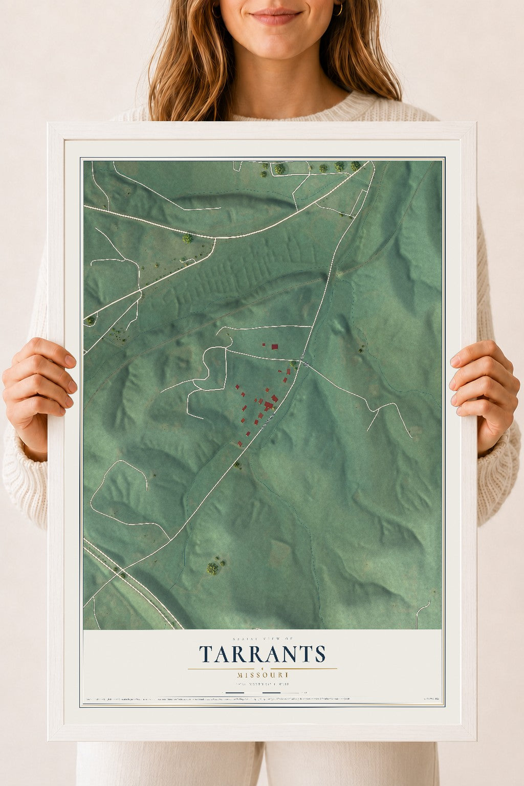 Map of Tarrants, Missouri, 18 x 24 inch print in a white wood frame