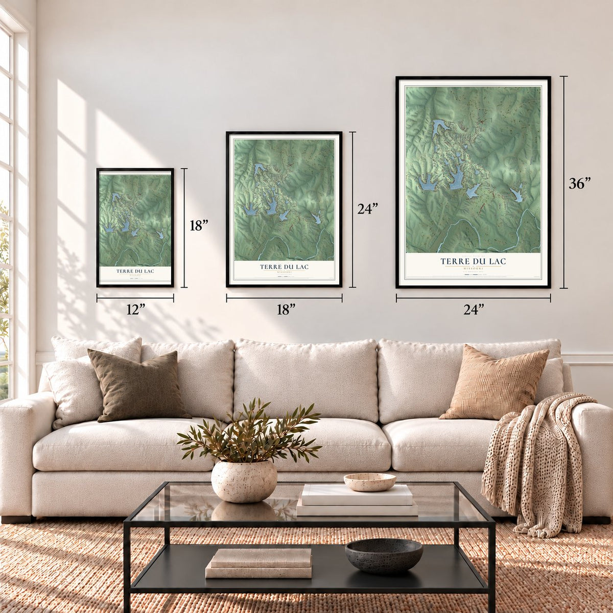 Terre du Lac, Missouri map in 12 x 18, 18 x 24 and 24 x 36 inch sizes above a sofa