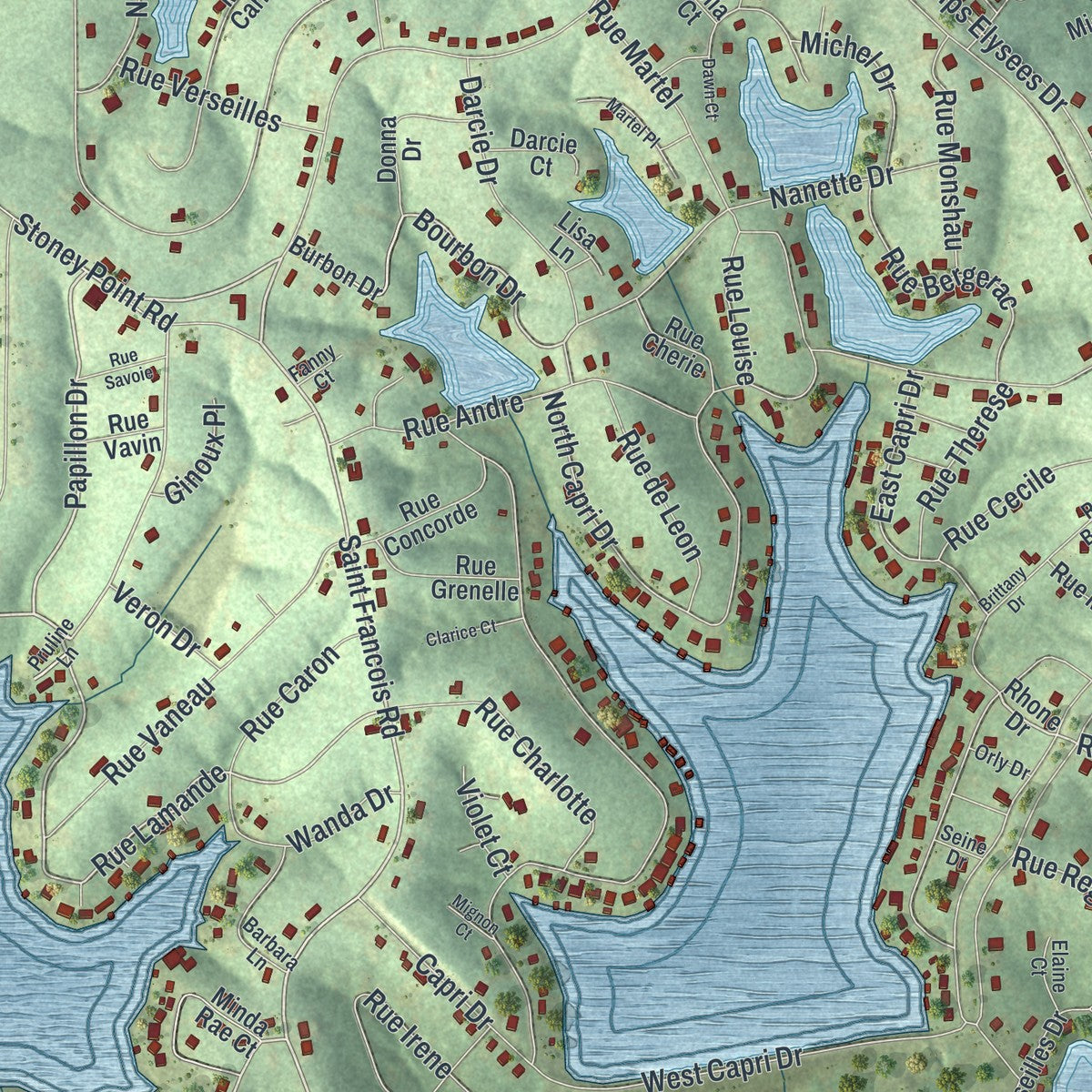 Close-up of the map of Terre du Lac, Missouri print showing street and building detail