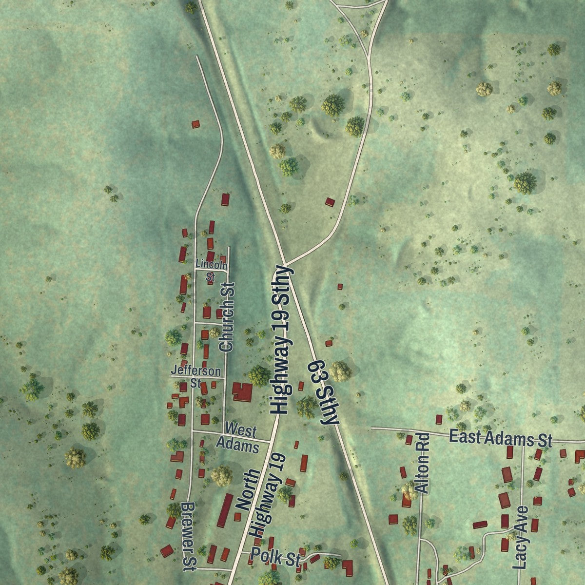 Second close-up of the map of Thayer, Missouri print showing more streets and buildings