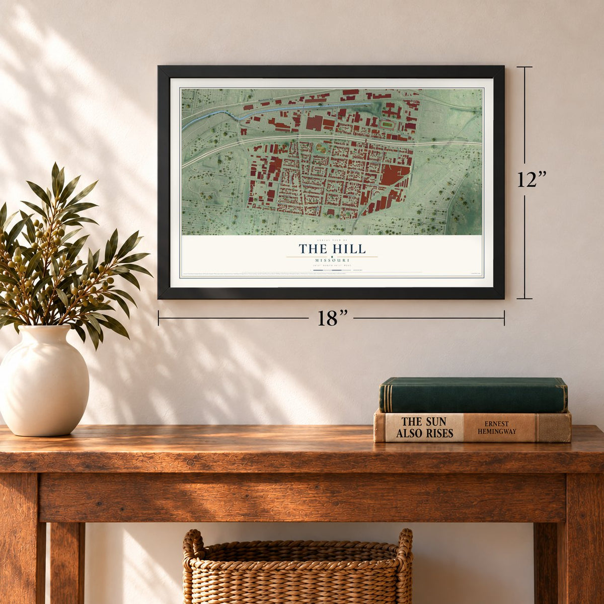 The Hill, Missouri map, 12 x 18 inch print in a black frame in an entryway