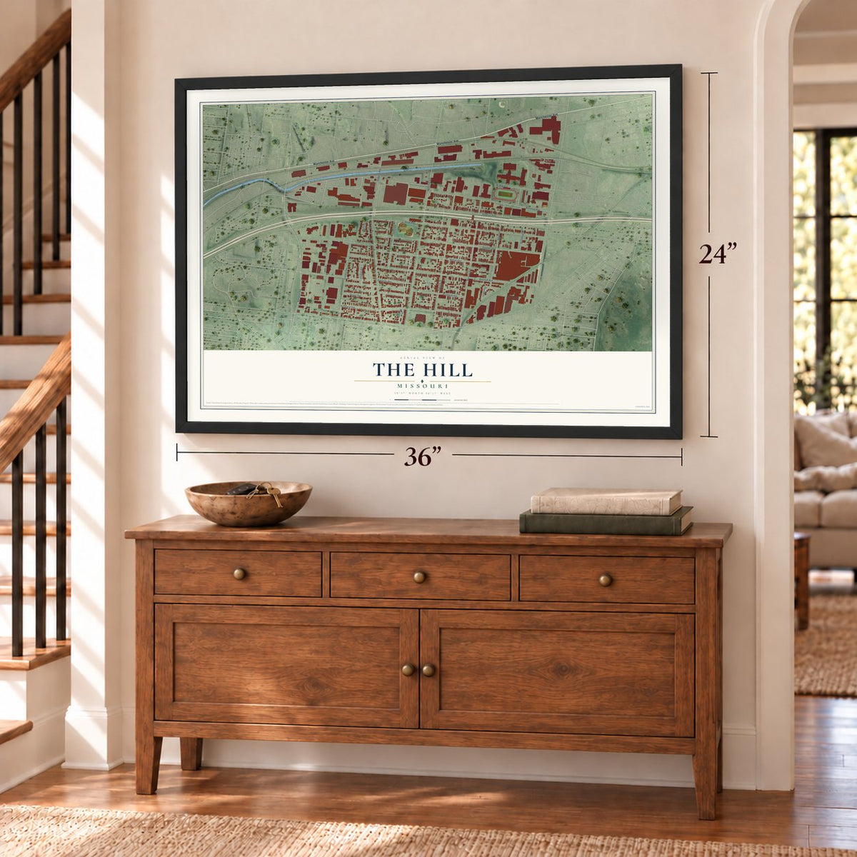 The Hill, Missouri map, 24 x 36 inch print in a black frame above a dresser by a staircase