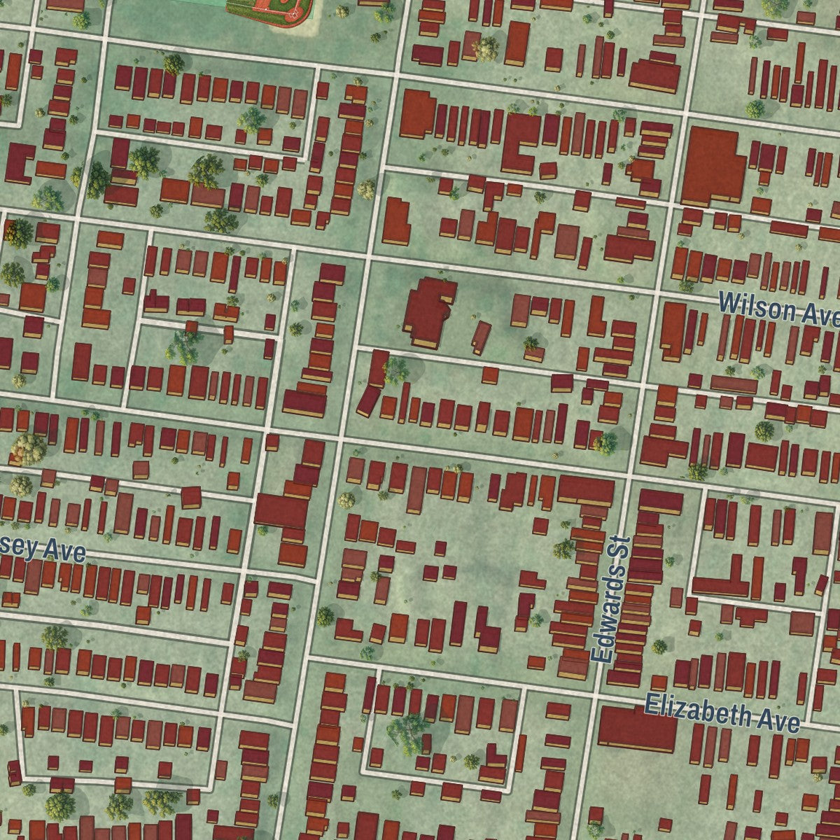 Close-up of the map of The Hill, Missouri print showing street and building detail