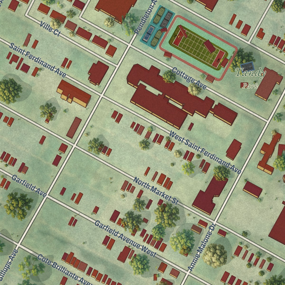 Close-up of the map of The Ville, Missouri print showing street and building detail