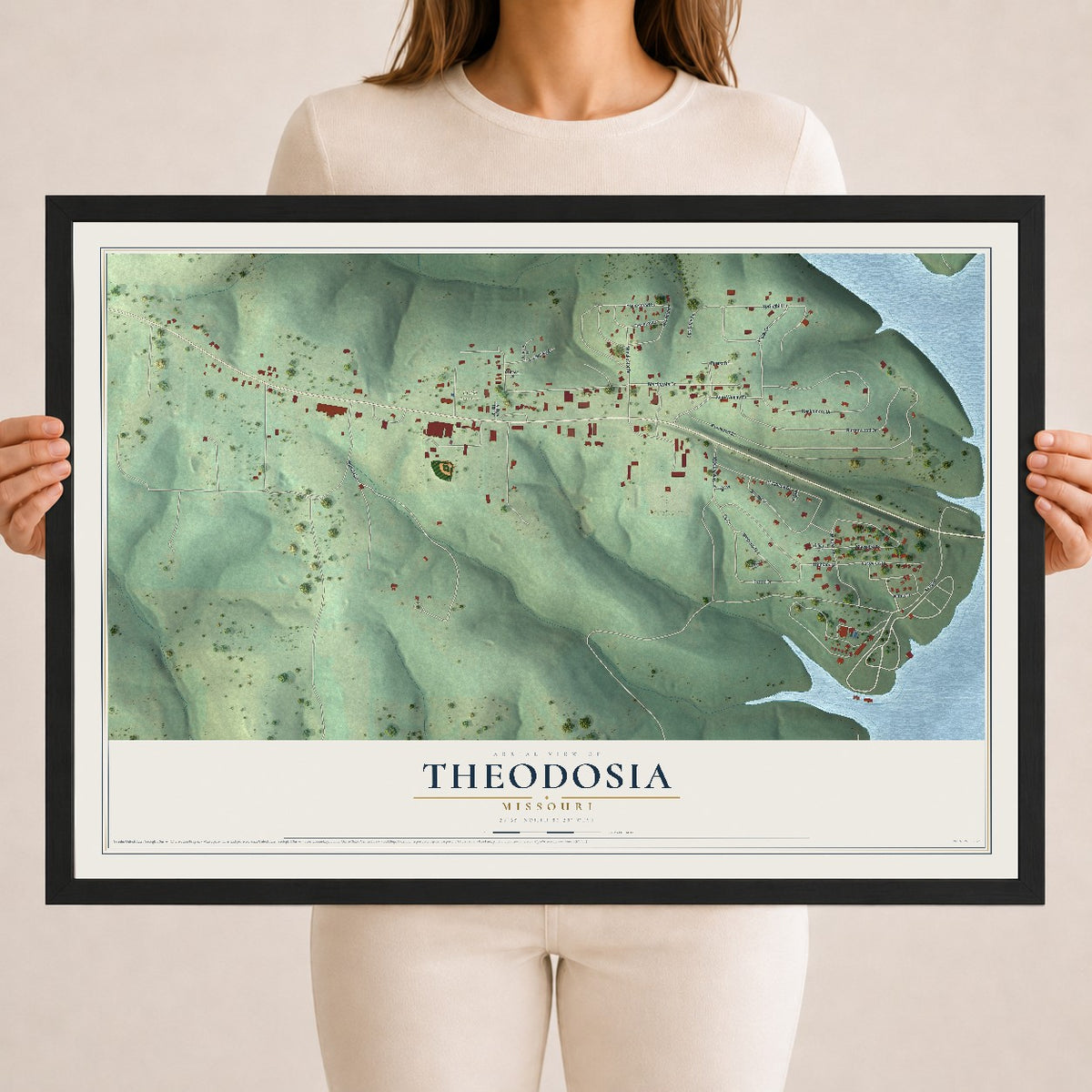 Map of Theodosia, Missouri, 18 x 24 inch print in a black wood frame