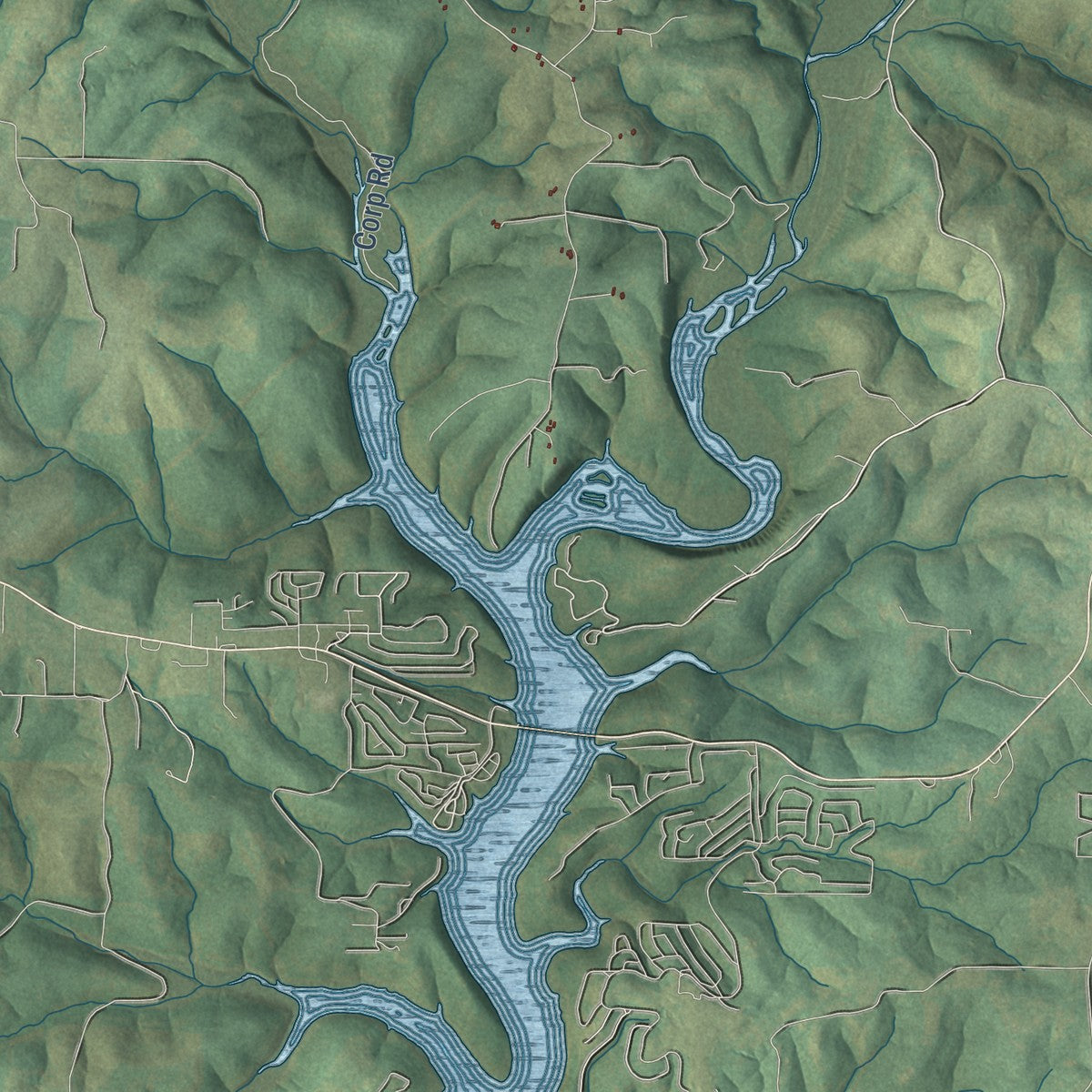 Close-up of the map of Thornfield, Missouri print showing street and building detail