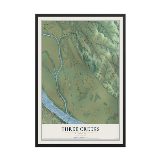 Map of Three Creeks, Missouri, 12 x 18 inch print in a black wood frame