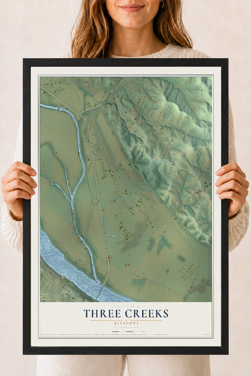 Map of Three Creeks, Missouri, 18 x 24 inch print in a black wood frame