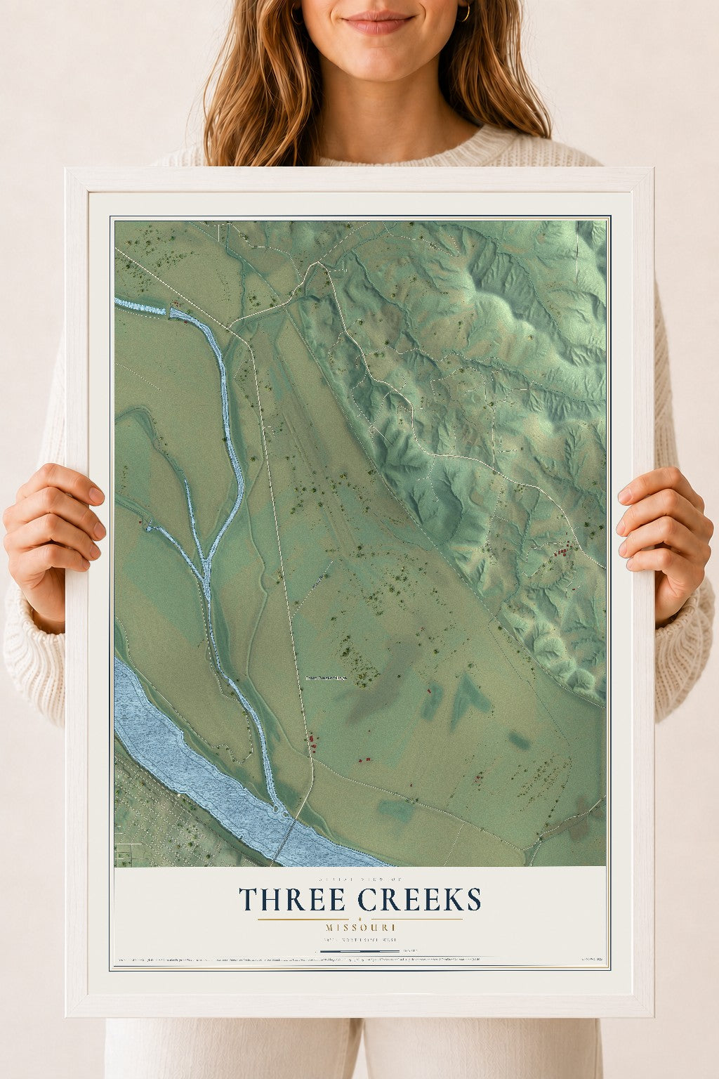 Map of Three Creeks, Missouri, 18 x 24 inch print in a white wood frame