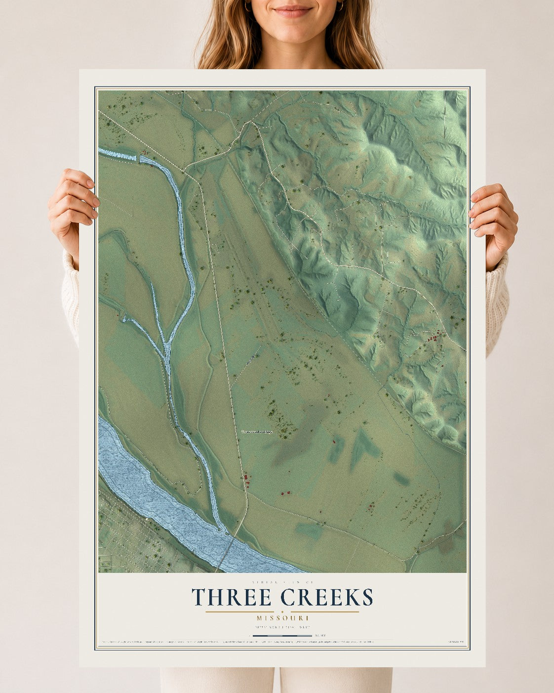 Map of Three Creeks, Missouri, 24 x 36 inch unframed archival matte print