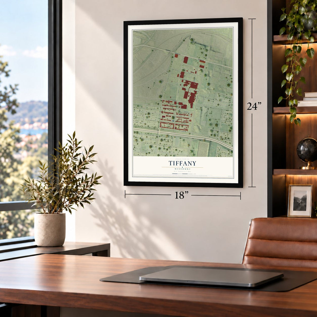 Tiffany, Missouri map, 18 x 24 inch print in a black frame in a home office