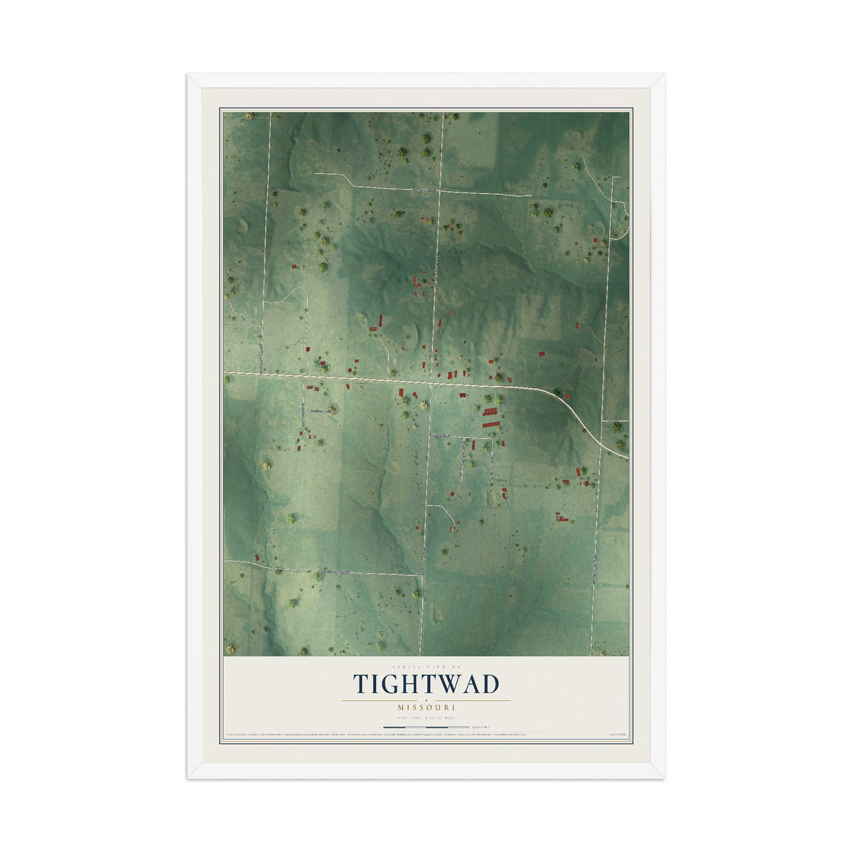 Map of Tightwad, Missouri, 12 x 18 inch print in a white wood frame