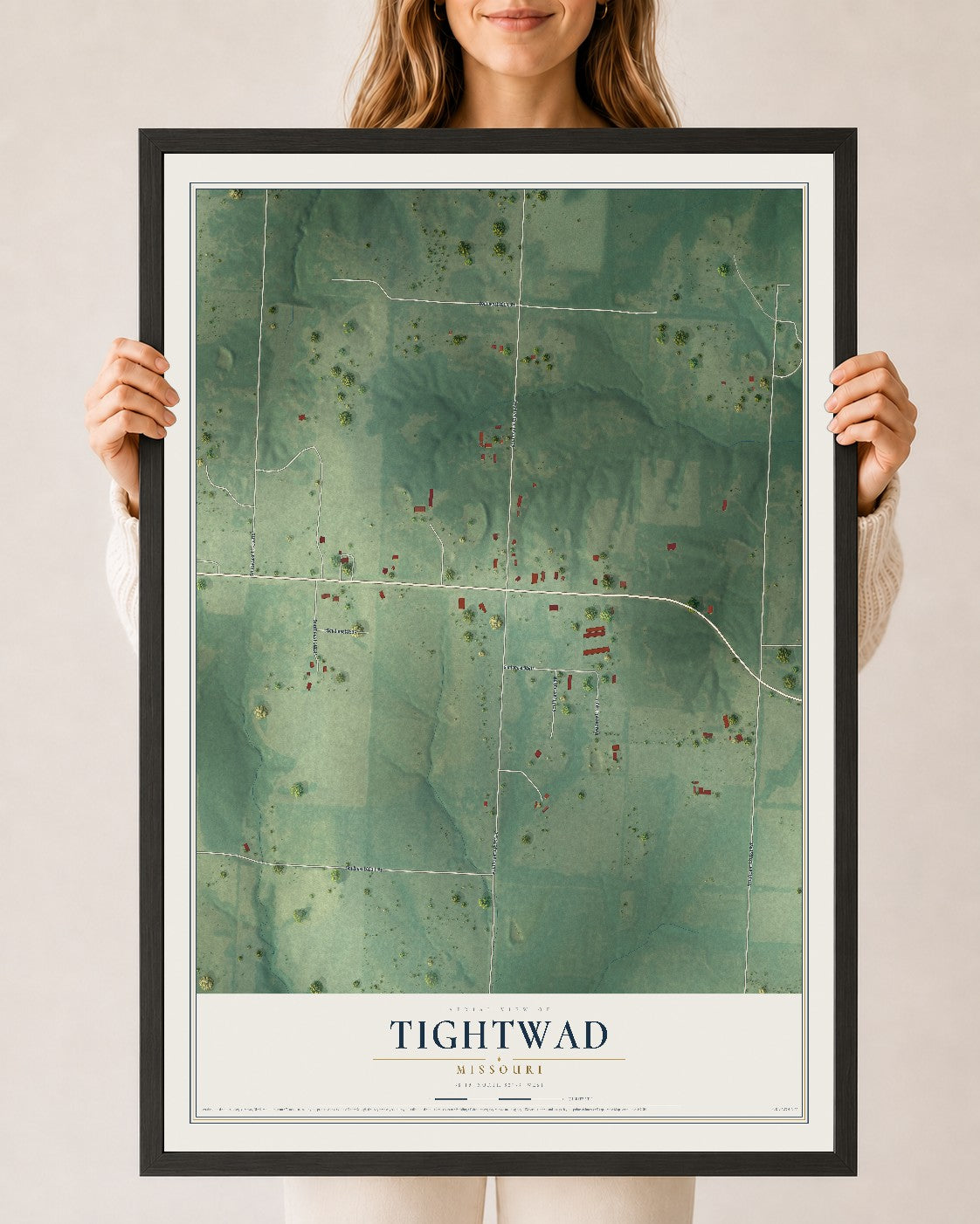 Map of Tightwad, Missouri, 24 x 36 inch print in a black wood frame