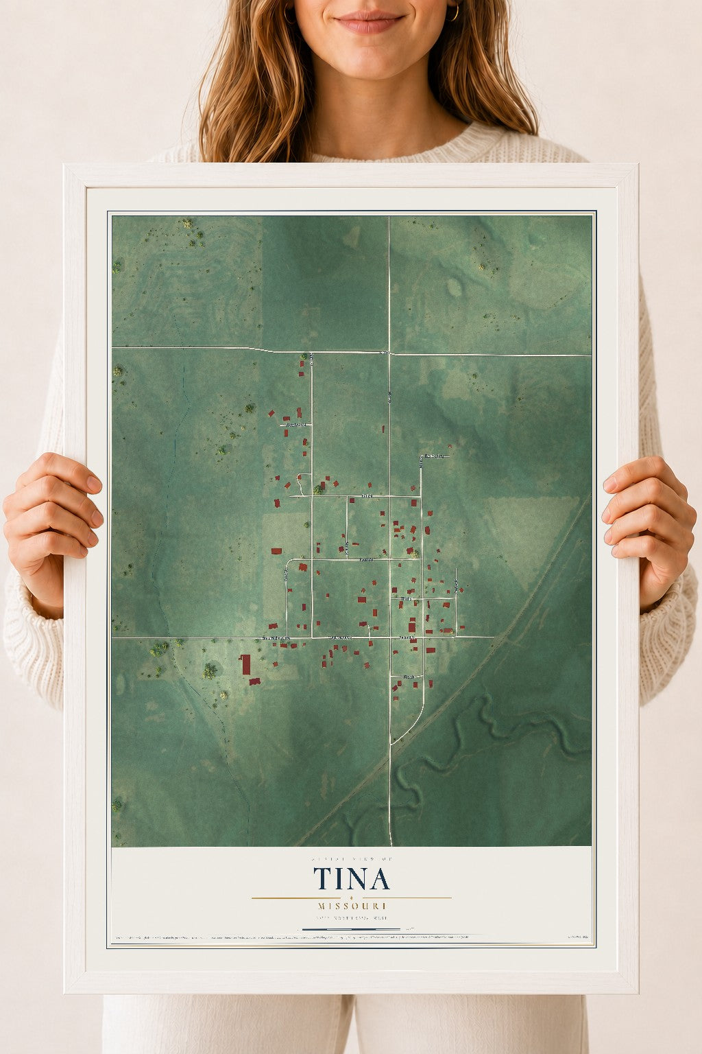 Map of Tina, Missouri, 18 x 24 inch print in a white wood frame
