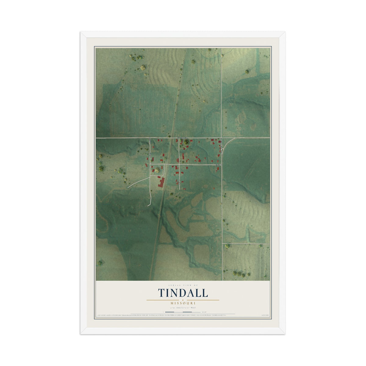 Map of Tindall, Missouri, 12 x 18 inch print in a white wood frame