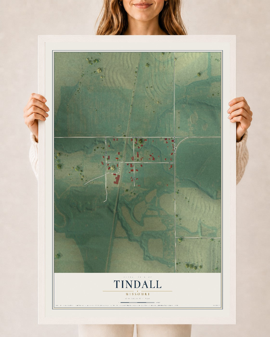 Map of Tindall, Missouri, 24 x 36 inch print in a white wood frame