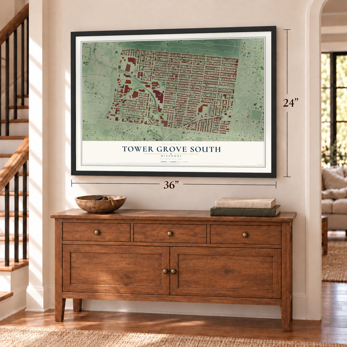 Tower Grove South, Missouri map, 24 x 36 inch print in a black frame above a dresser by a staircase