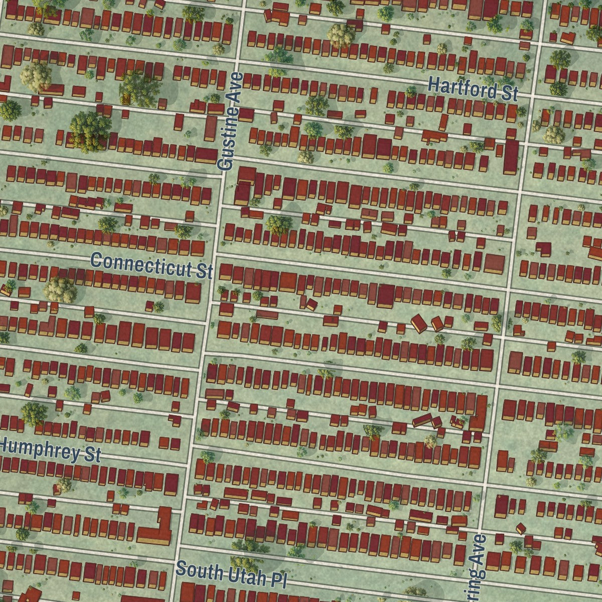 Close-up of the map of Tower Grove South, Missouri print showing street and building detail