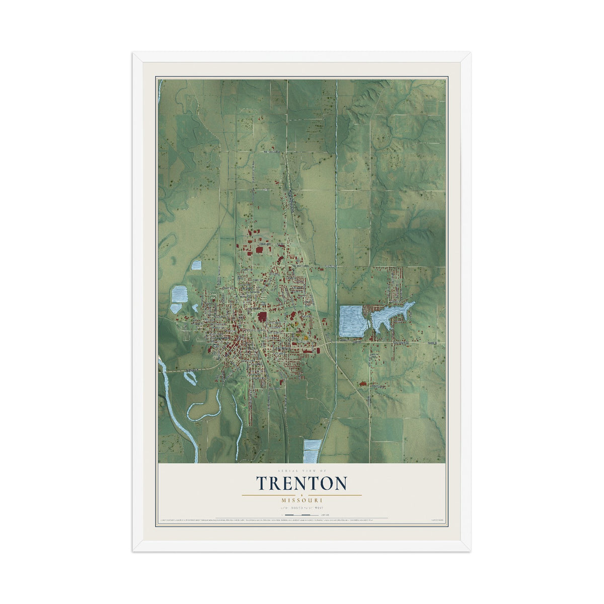 Map of Trenton, Missouri, 12 x 18 inch print in a white wood frame