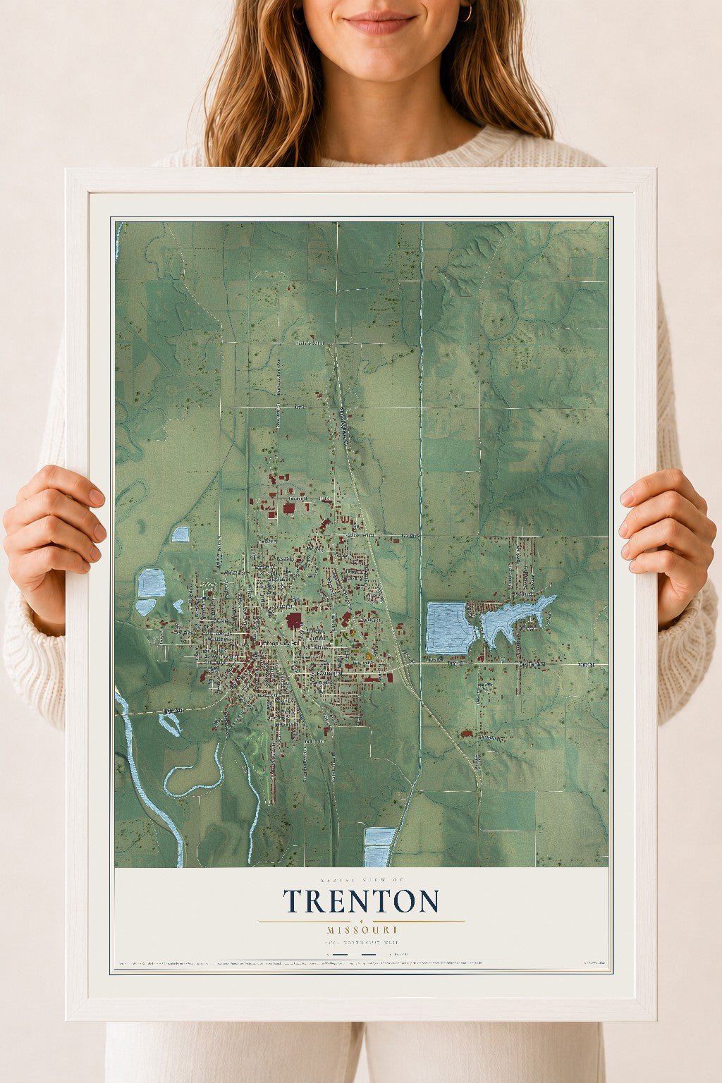 Map of Trenton, Missouri, 18 x 24 inch print in a white wood frame