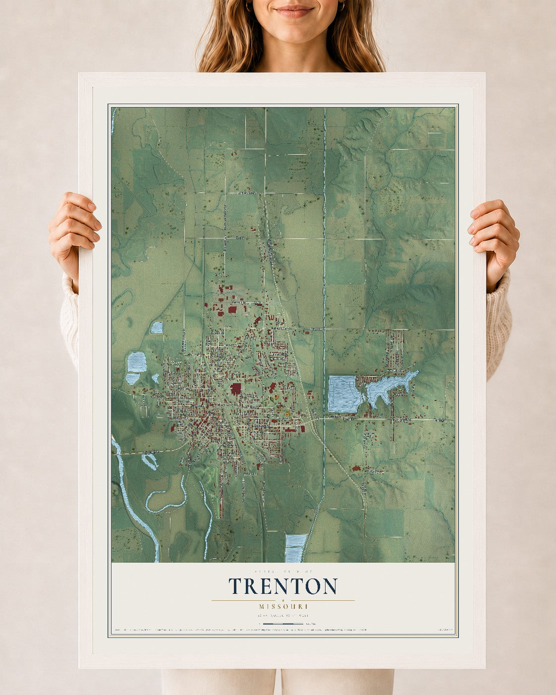 Map of Trenton, Missouri, 24 x 36 inch print in a white wood frame