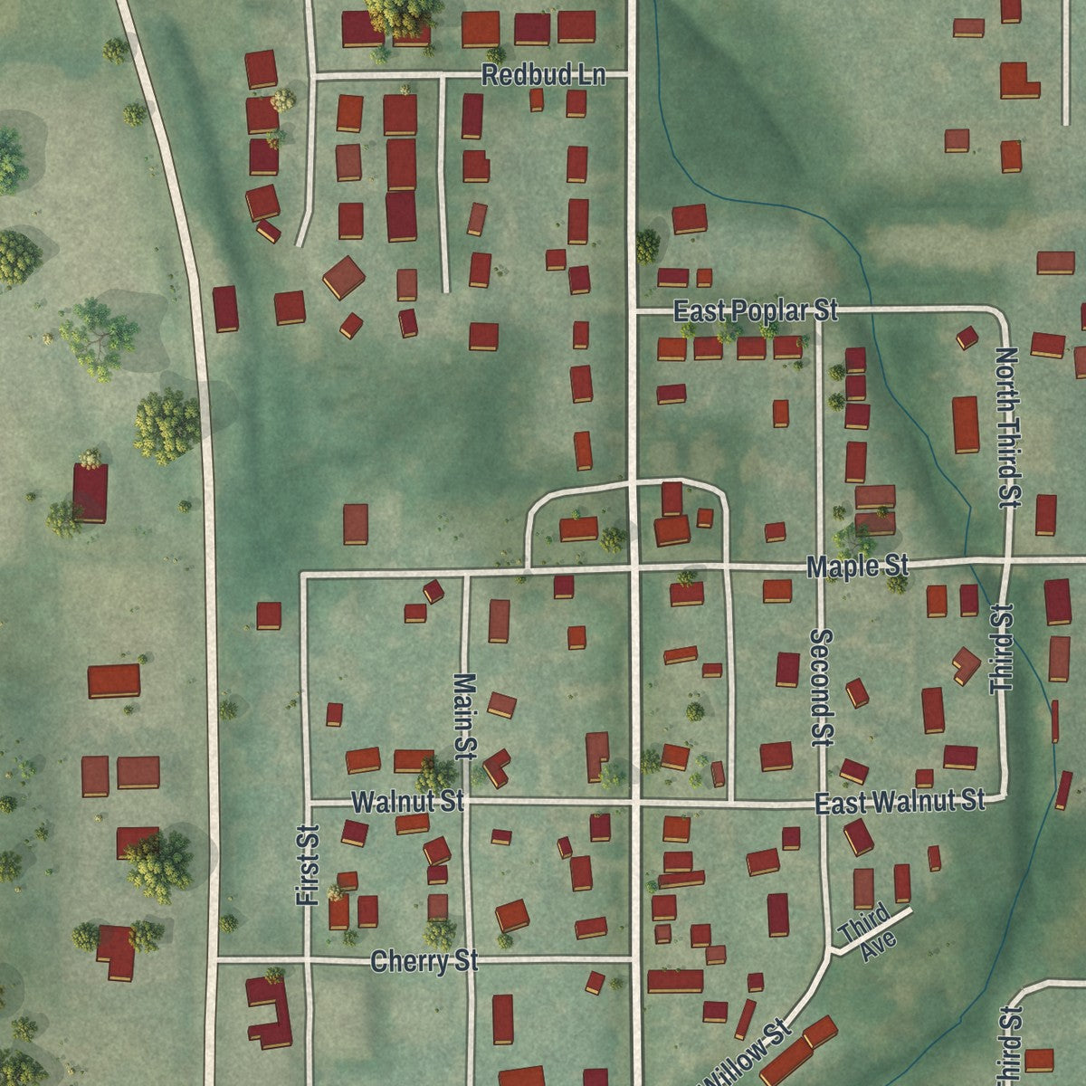 Close-up of the map of Trimble, Missouri print showing street and building detail