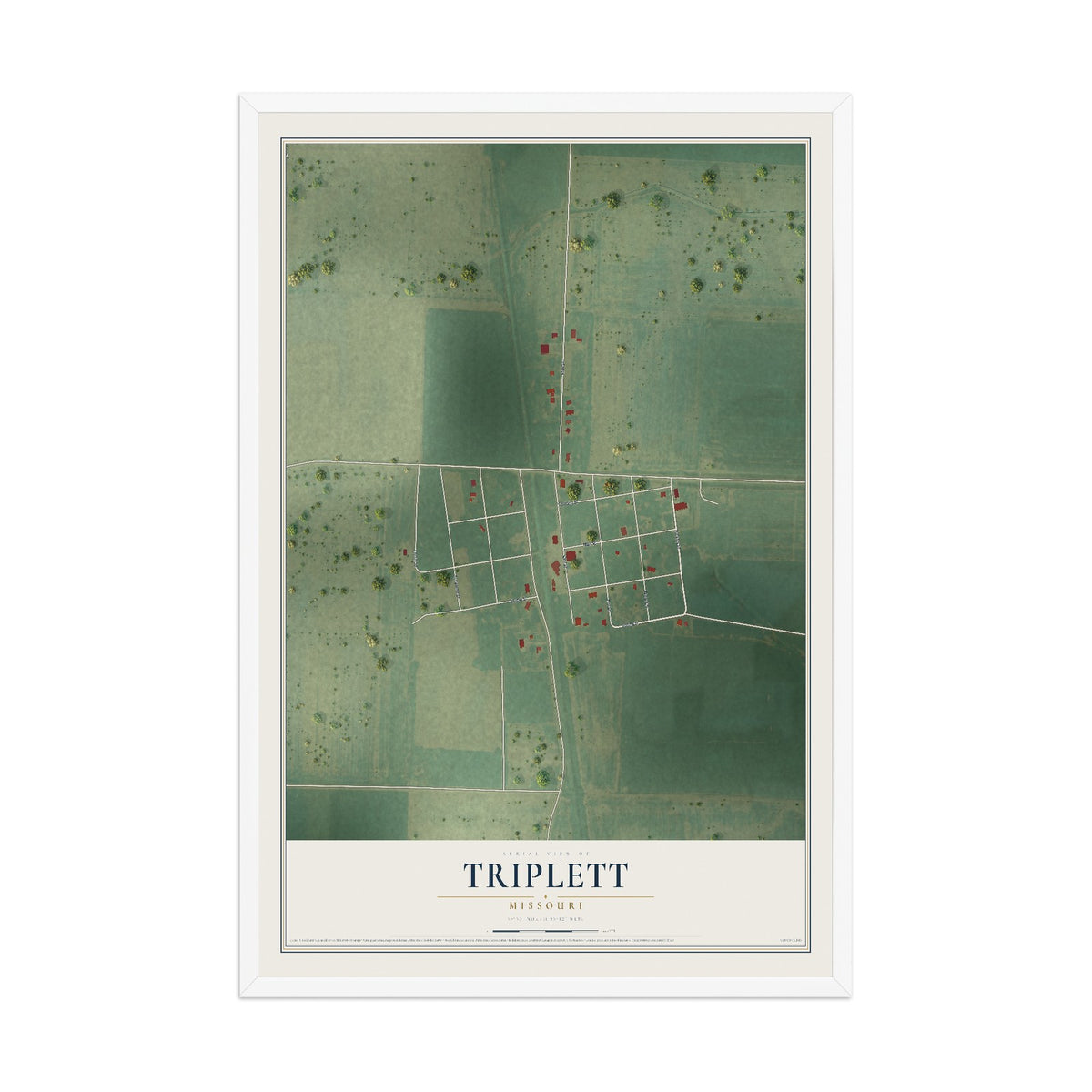 Map of Triplett, Missouri, 12 x 18 inch print in a white wood frame