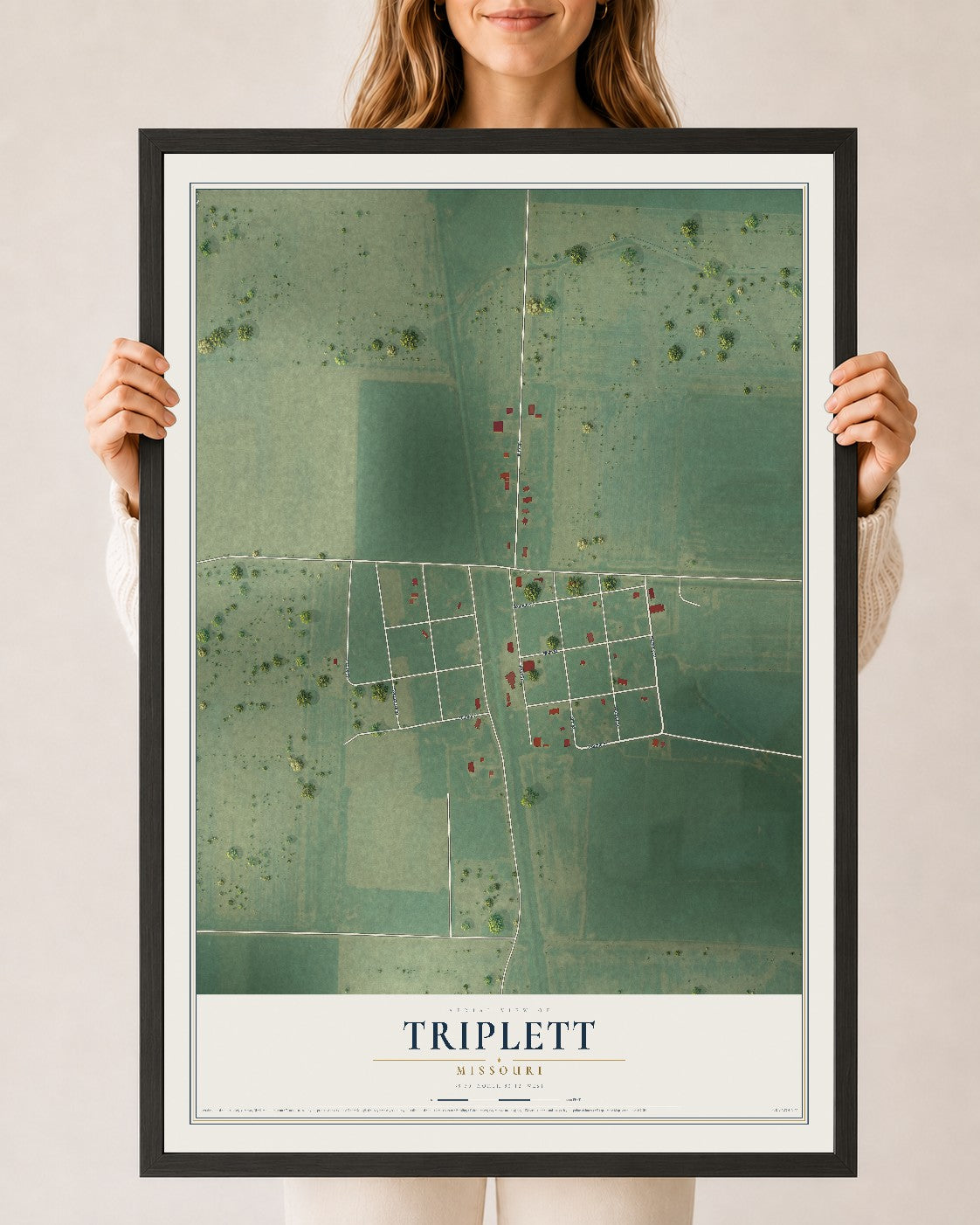 Map of Triplett, Missouri, 24 x 36 inch print in a black wood frame