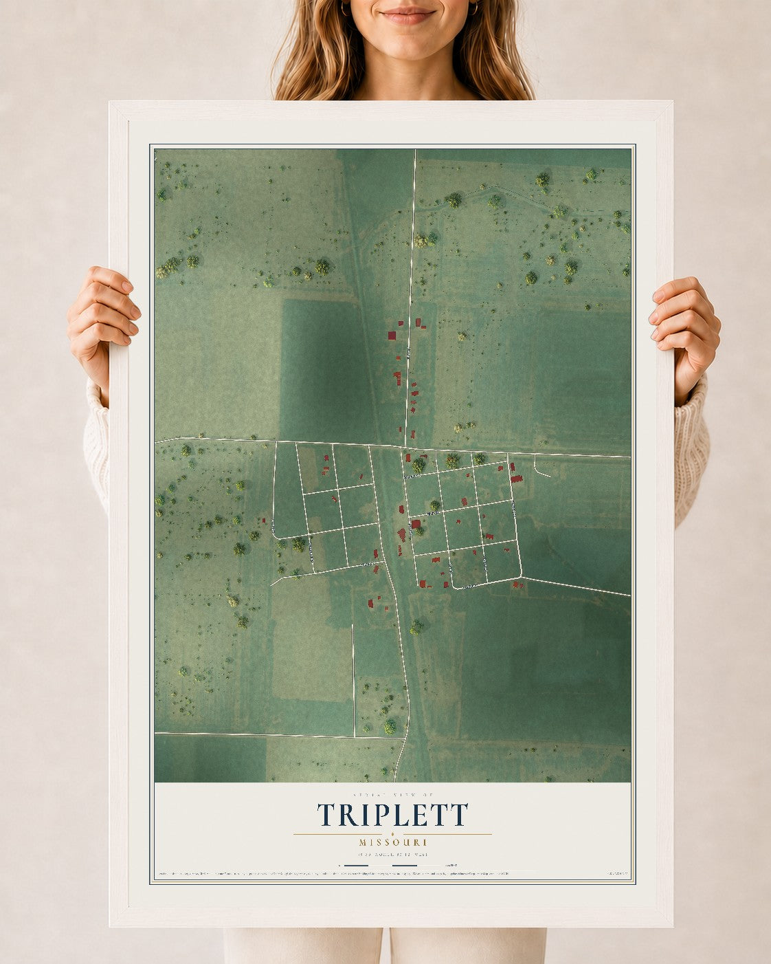 Map of Triplett, Missouri, 24 x 36 inch print in a white wood frame